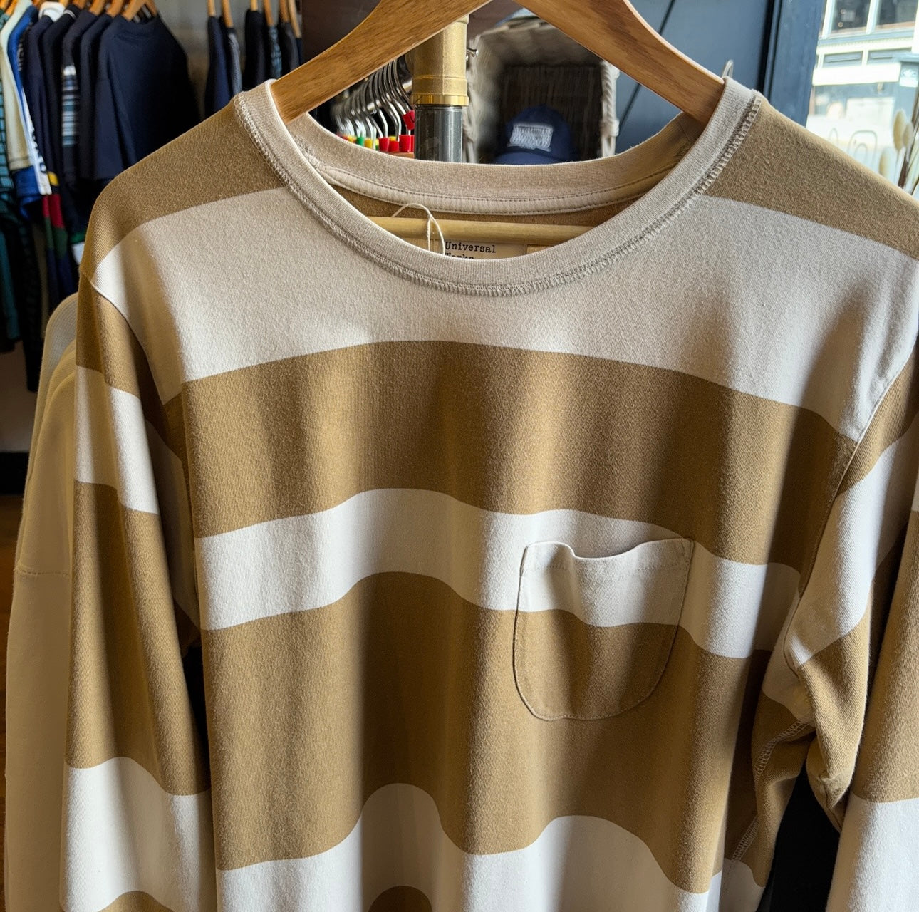 Universal Works Striped Pocket Longsleeve T-Shirt Dark Sand (Large)
