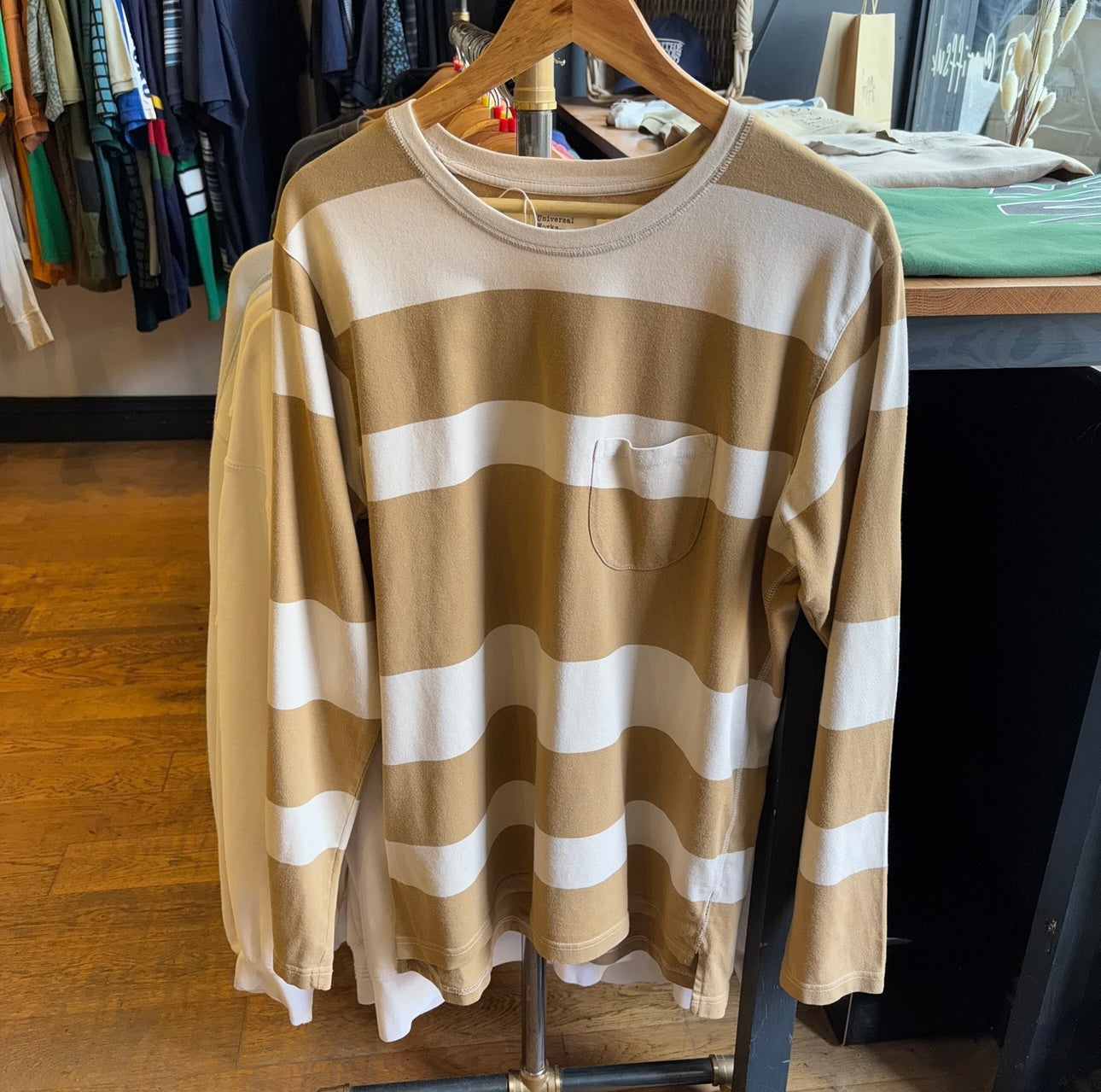 Universal Works Striped Pocket Longsleeve T-Shirt Dark Sand (Large)
