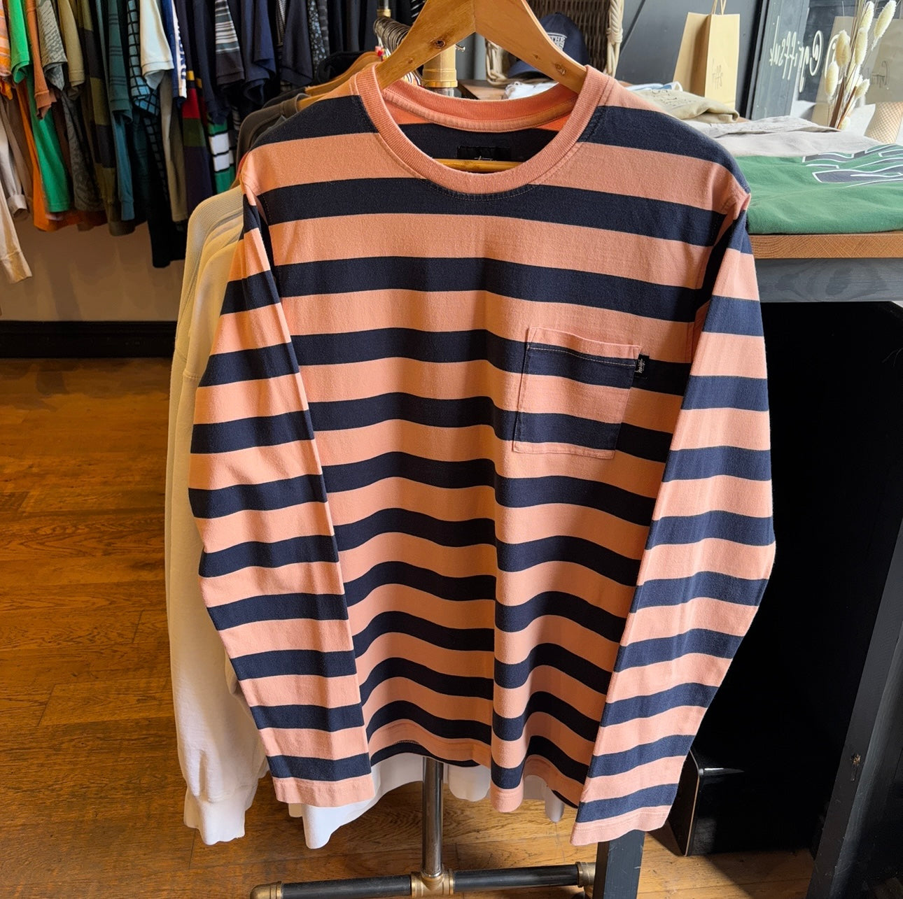 Stussy Malcolm Stripe Longsleeve T-Shirt Apricot/ Navy (Large)