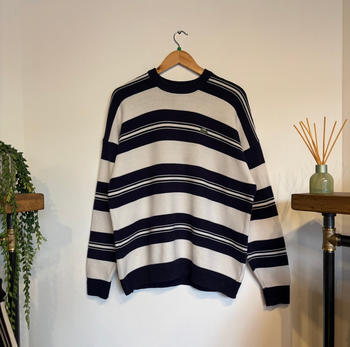 Lacoste Stripe Pullover Knit Jumper White/ Navy (XL)