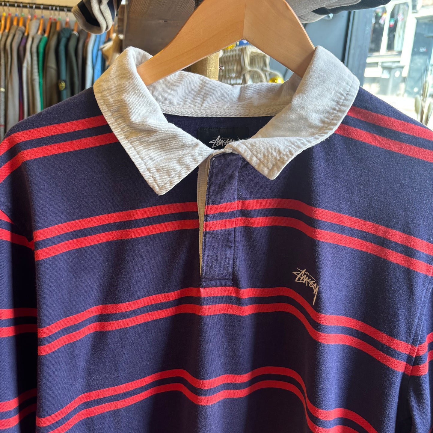 Stussy Desmond Stripe Rugby Polo Shirt Navy (Large)