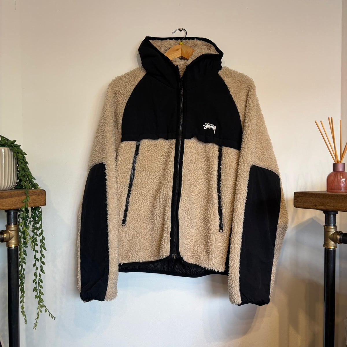 Stussy Panelled Sherpa Hooded Jacket Beige (Medium)