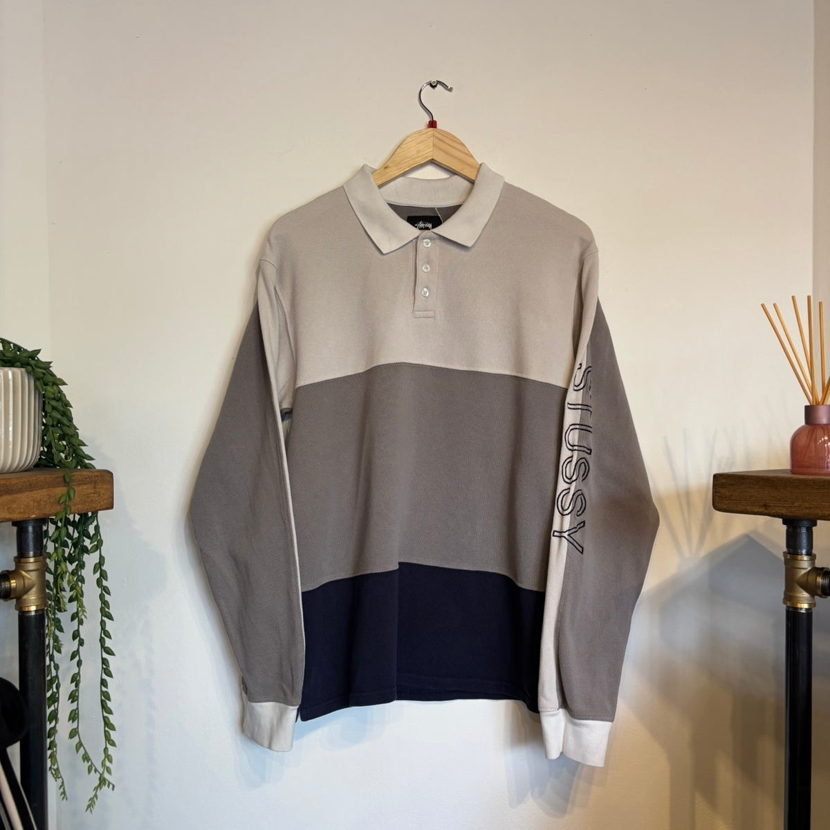 Stussy Panel Longsleeve Polo Shirt Grey/ Navvy (Large)