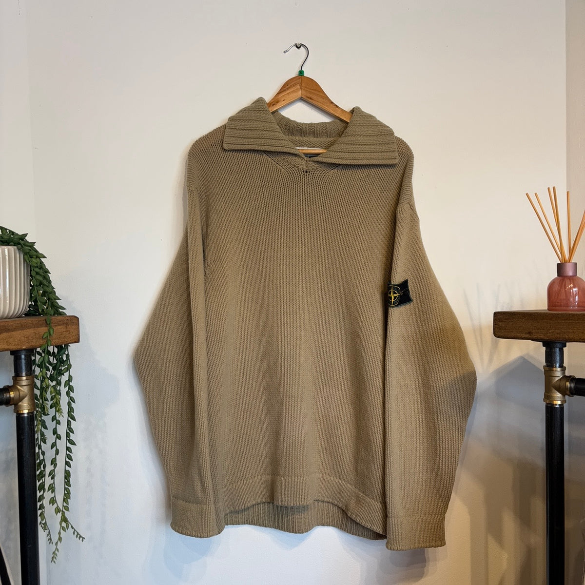 Stone Island A/W 1997 Chunky Polo Knit Jumper Beige (XL)