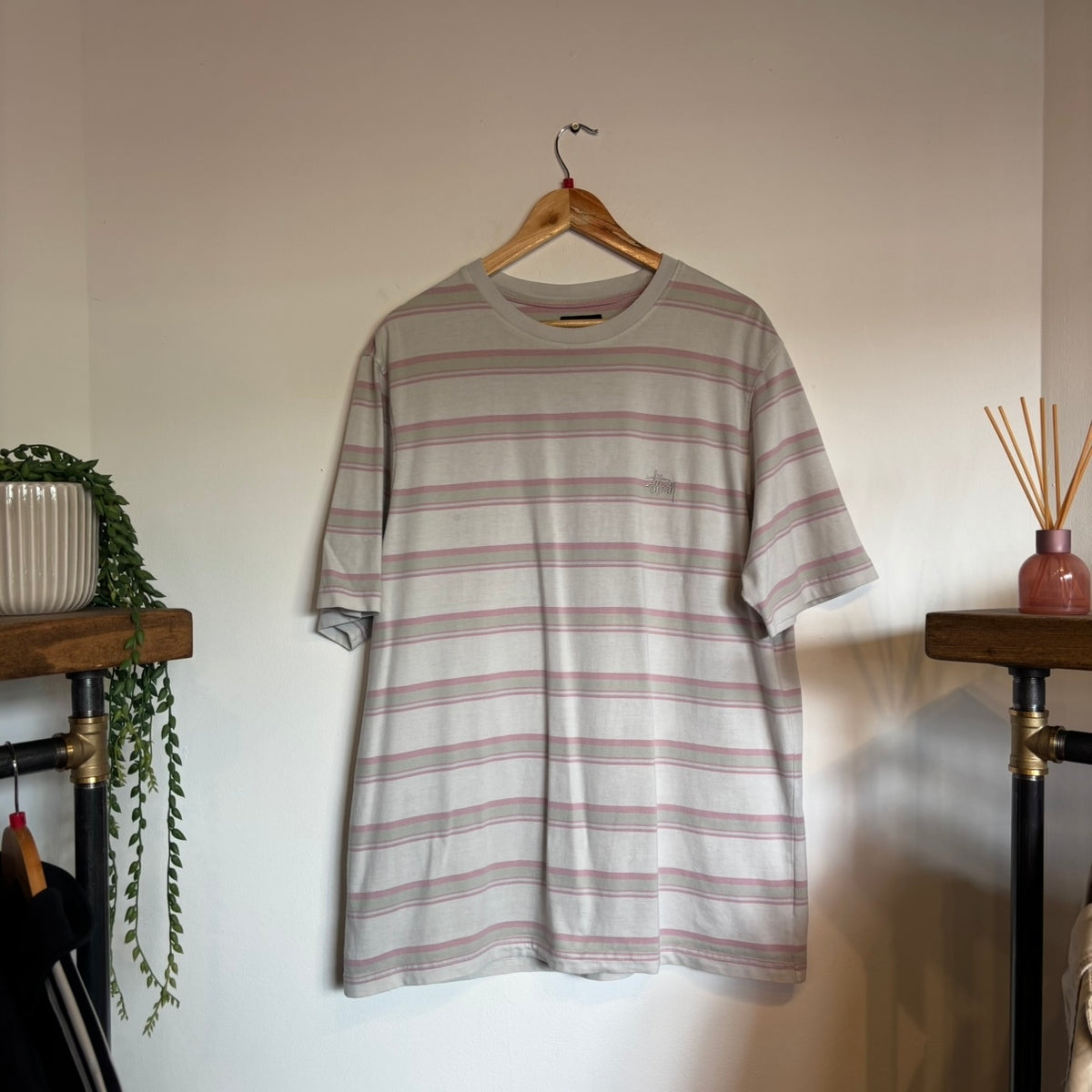 Stussy Harbour Stripe T-Shirt White/ Pink (Large)