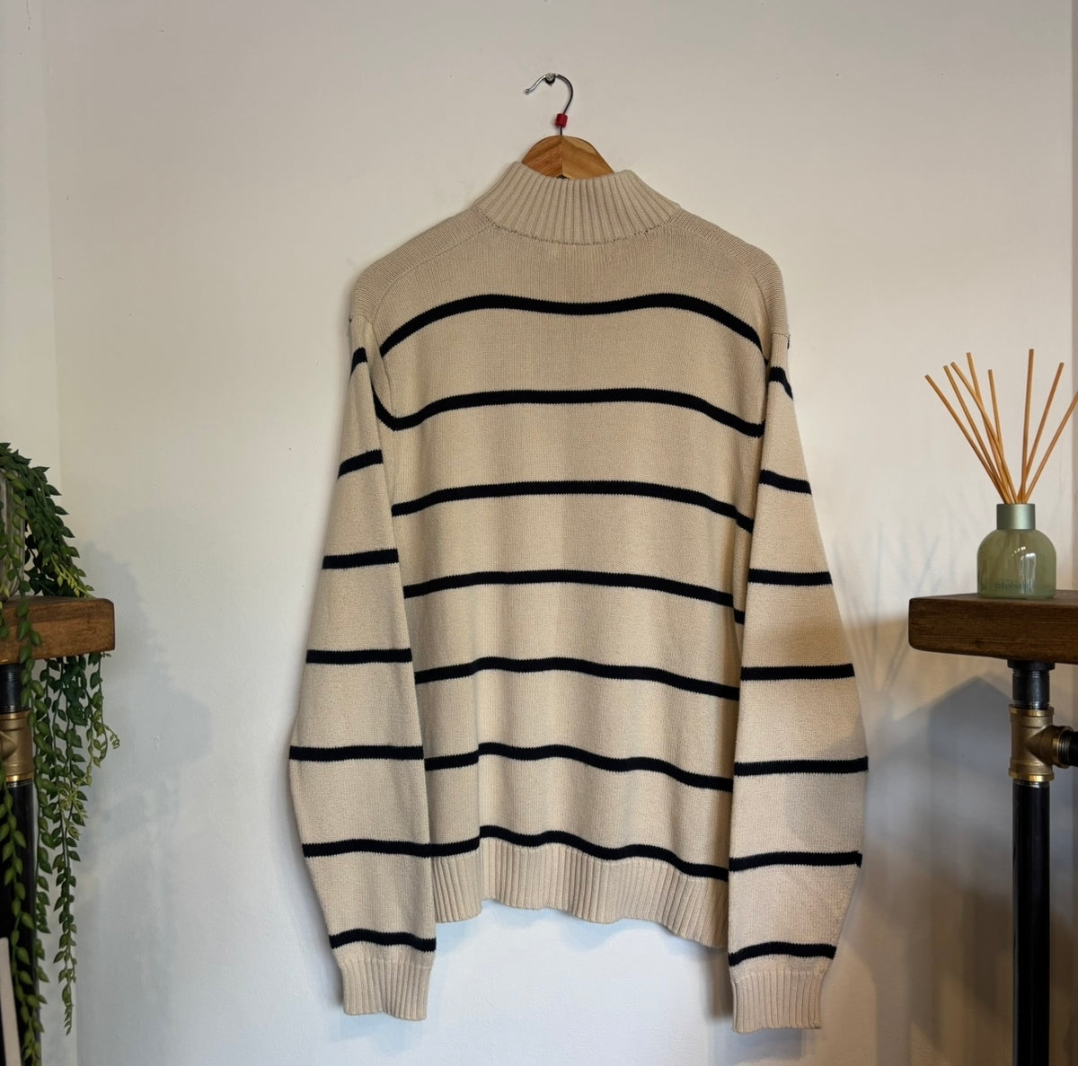 Ralph Lauren Quarter Zip Stripe Knit Jumper White/ Navy (Large)