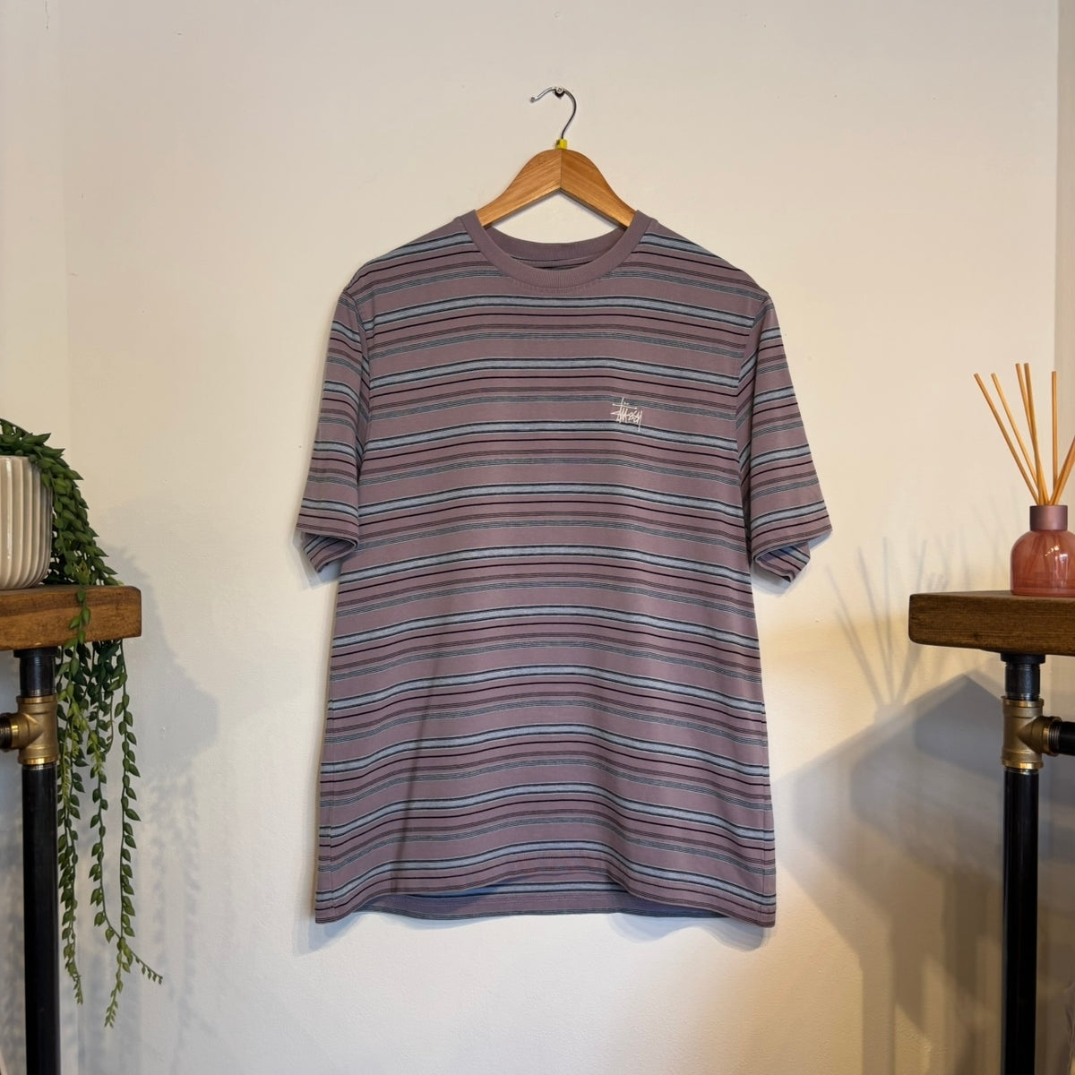 Stussy Heather Stripe Crew T-Shirt Lavender (Medium)