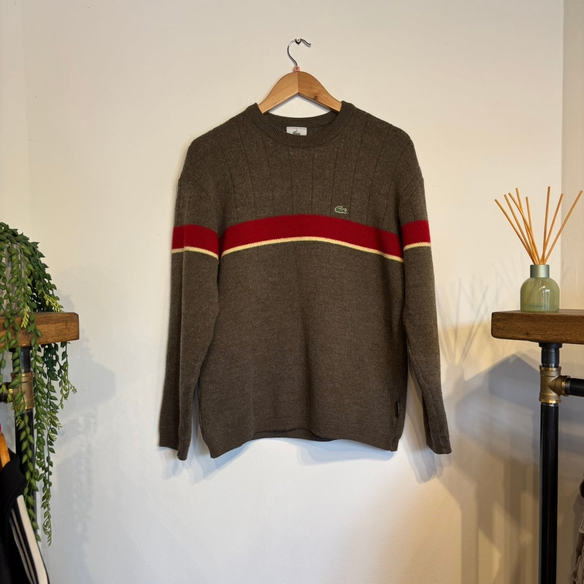 Lacoste Stripe Pullover Knit Jumper Grey/ Red (Medium)