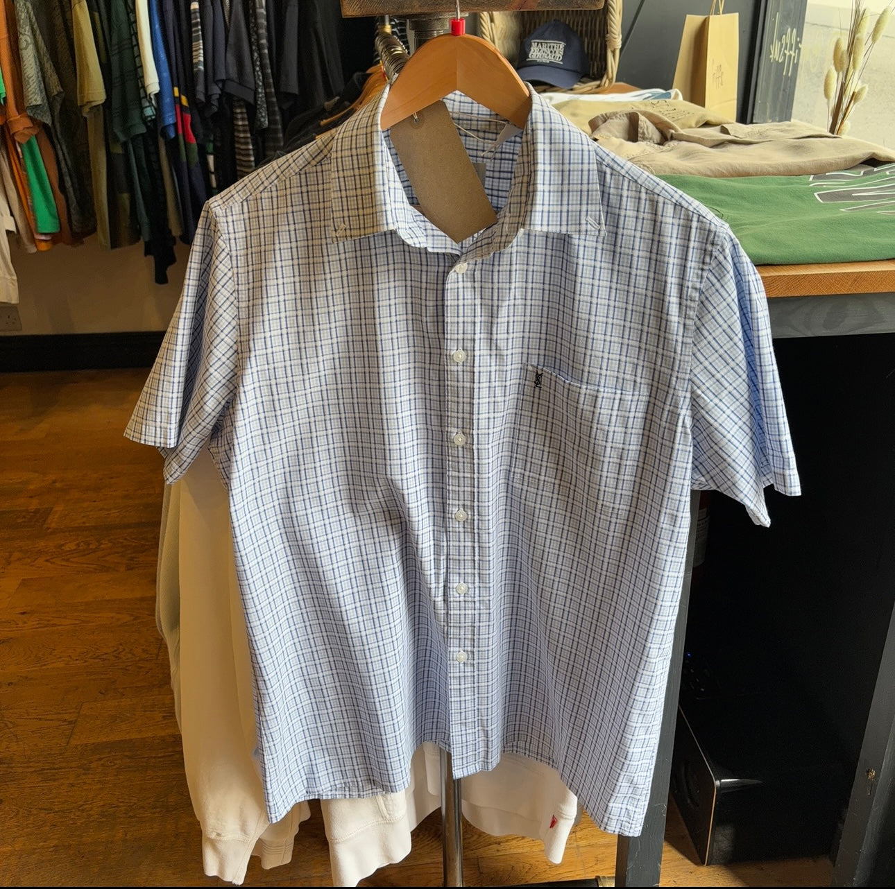 Yves Saint Laurent Plaid Button Up Shirt White (Large)