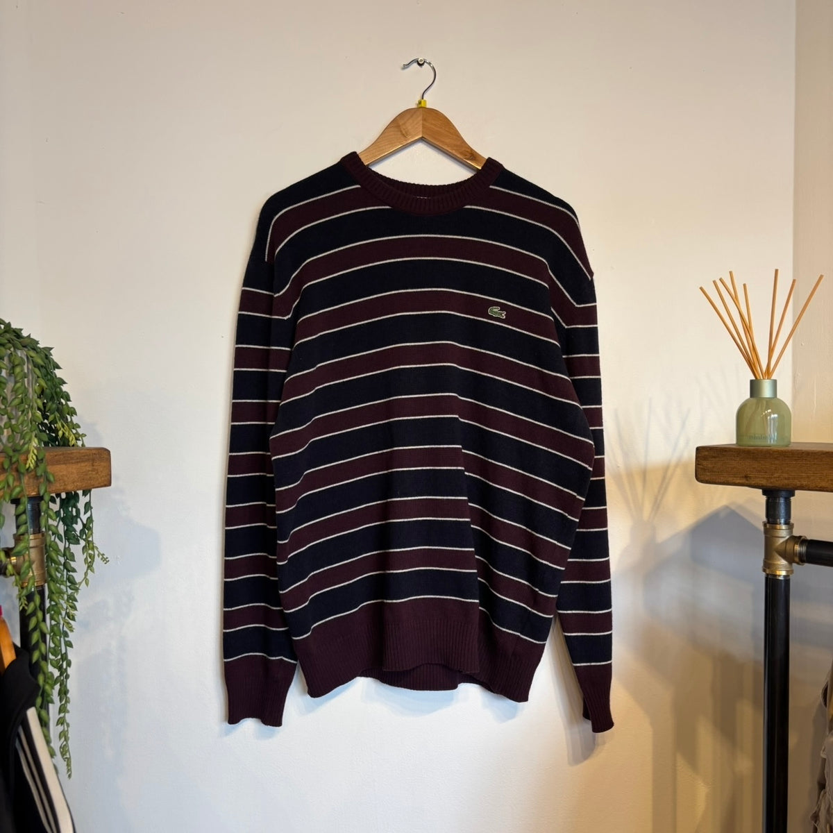 Lacoste Stripe Pullover Knit Jumper Burgundy/ Navy (Large)