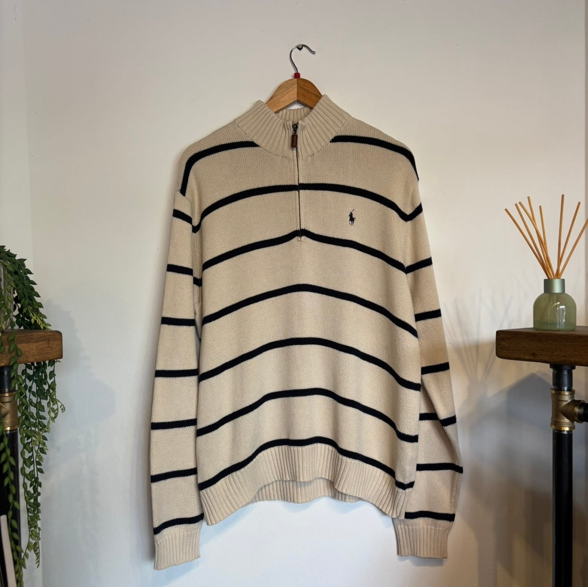 Ralph Lauren Quarter Zip Stripe Knit Jumper White/ Navy (Large)