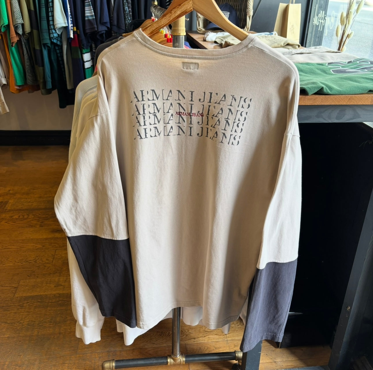 Armani Jeans Two Tone Longsleeve T-Shirt Cream/ Black (Large)