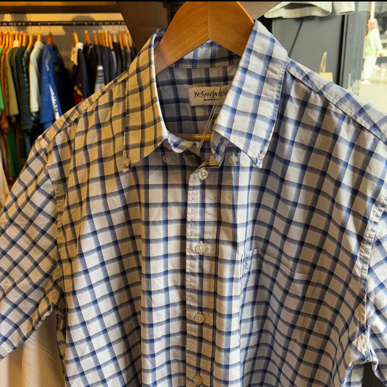 Yves Saint Laurent Plaid Button Shirt Blue (Small)
