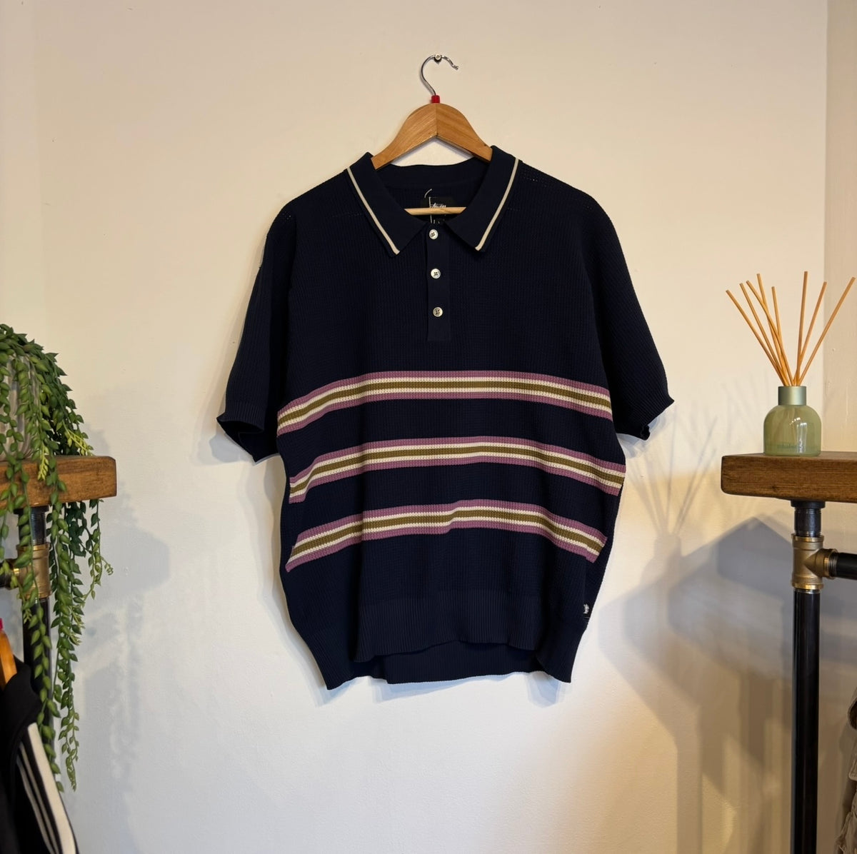 Stussy Montego Stripe Knit Polo Shirt Navy (Large)