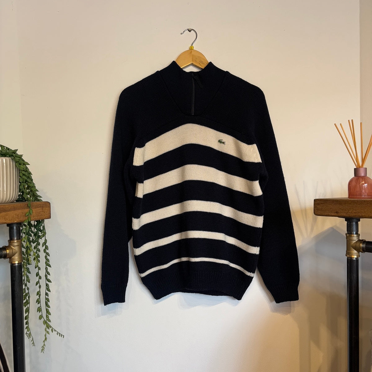 Lacoste Stripe Quarter Zip Knit Jumper Navy/ Cream (Medium)
