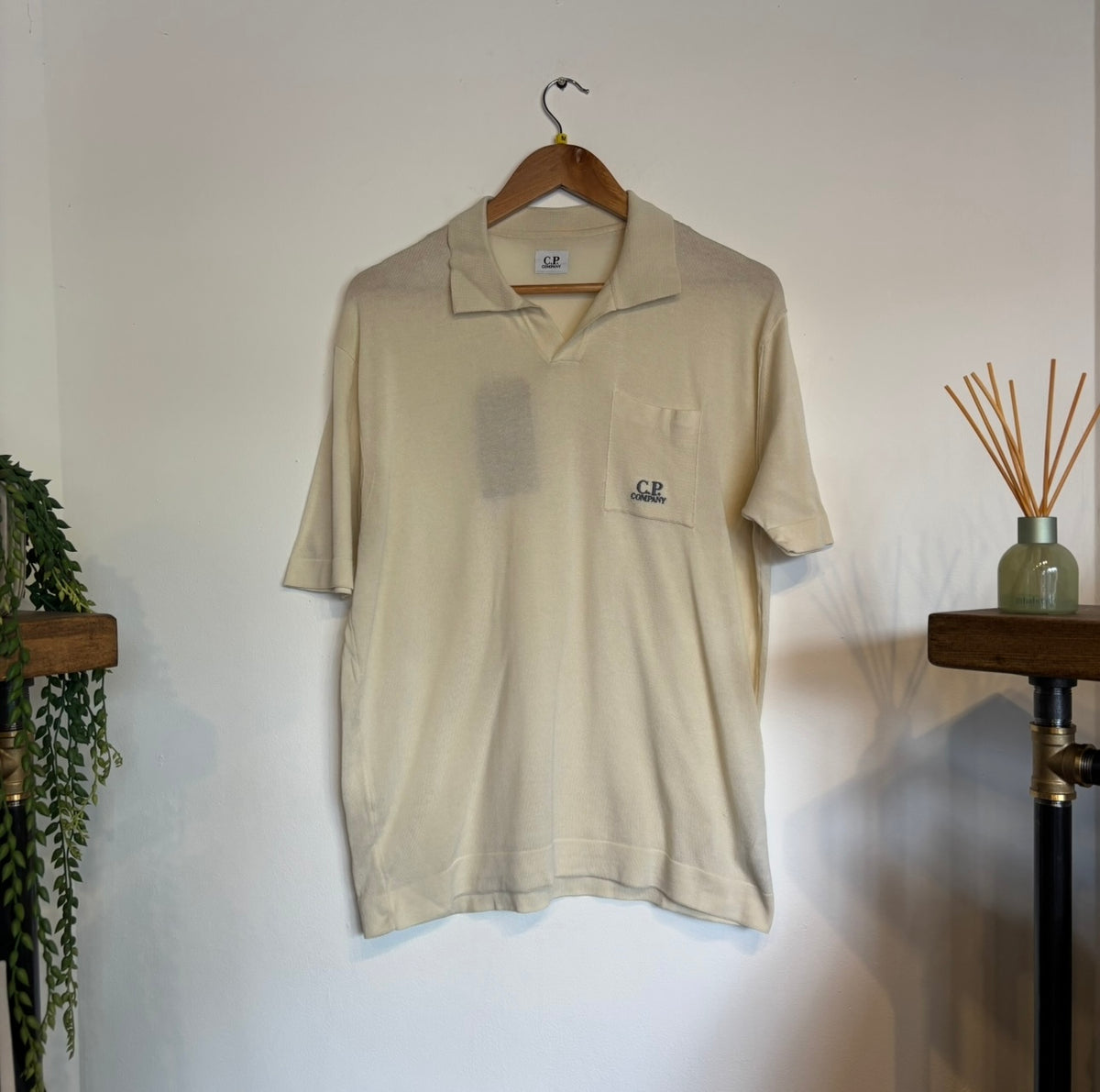 CP Company Pocket Thin Knit Polo Shirt Cream (Medium)