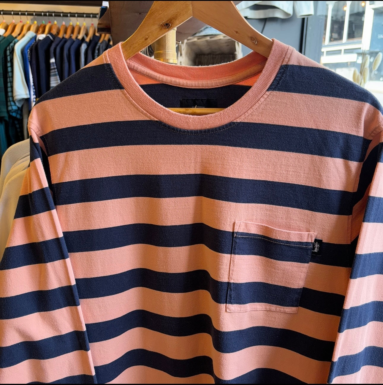 Stussy Malcolm Stripe Longsleeve T-Shirt Apricot/ Navy (Large)