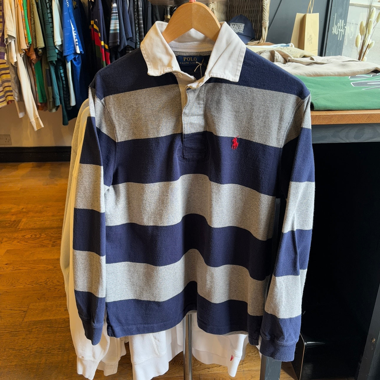 Ralph Lauren Longsleeve Rugby Polo Shirt Grey/ Navy (Small)