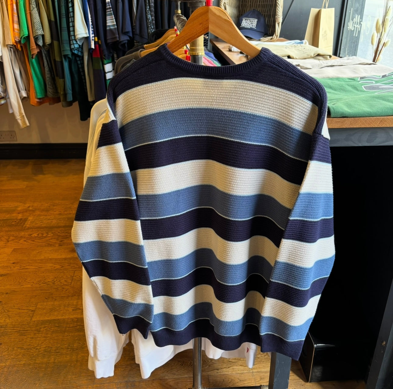 Lacoste Stripe Pullover Knit Jumper Blue/ White (Large)