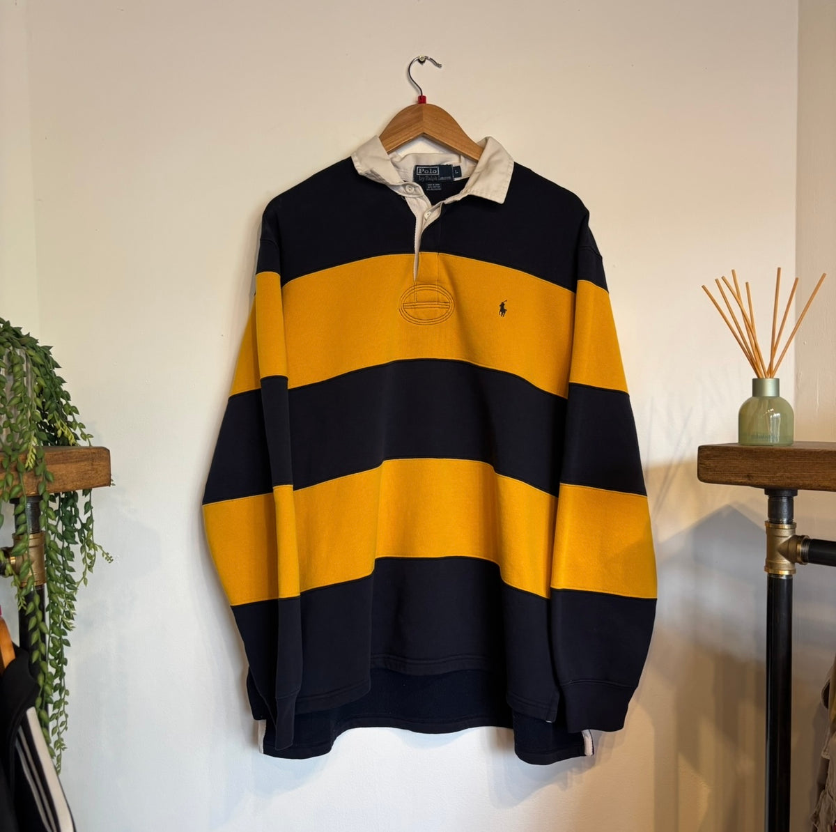 Ralph Lauren Stripe Rugby Longsleeve Polo Shirt Navy/ Yellow (XL)