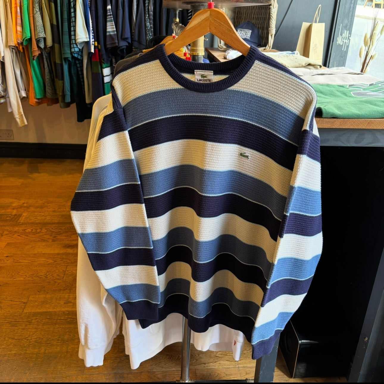 Lacoste Stripe Pullover Knit Jumper Blue/ White (Large)