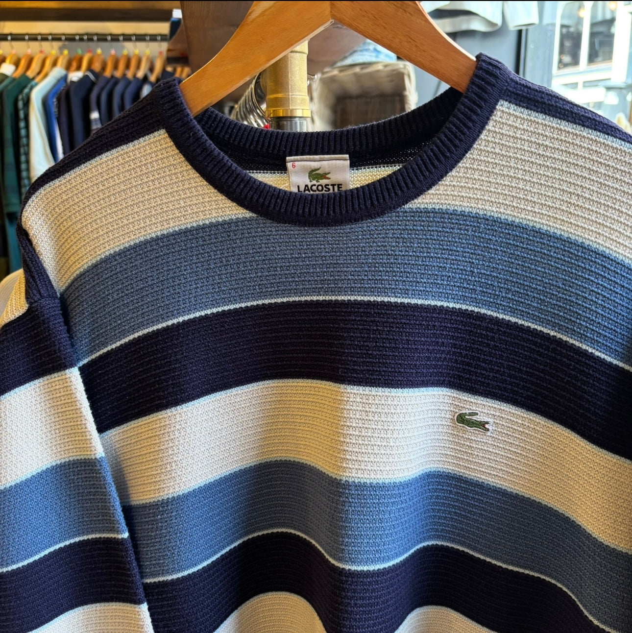 Lacoste Stripe Pullover Knit Jumper Blue/ White (Large)