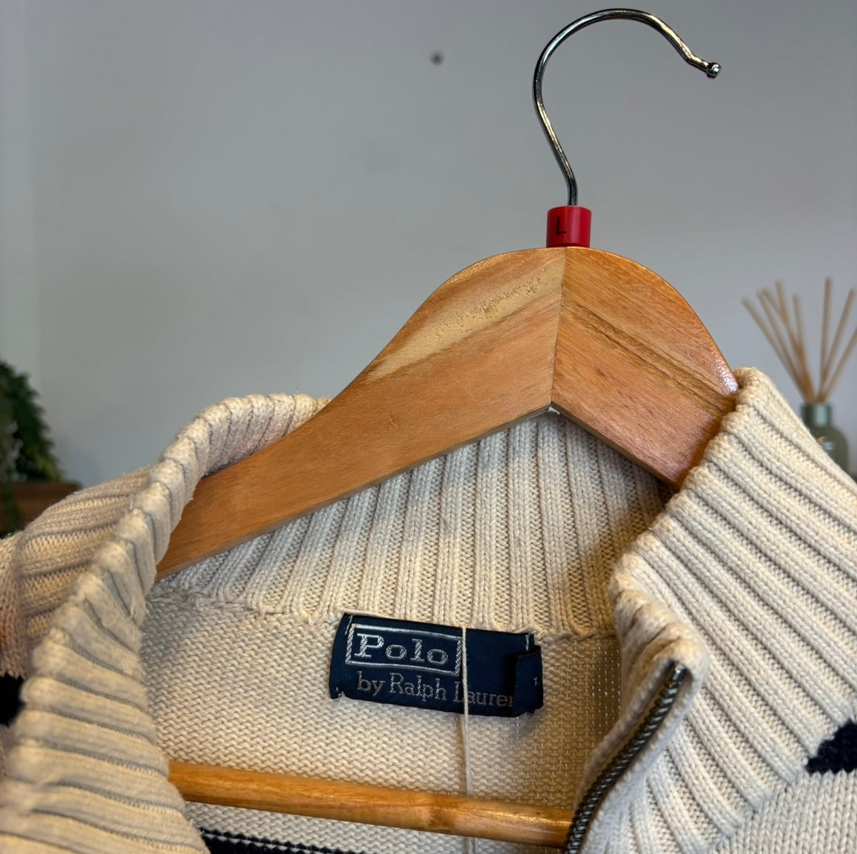 Ralph Lauren Quarter Zip Stripe Knit Jumper White/ Navy (Large)
