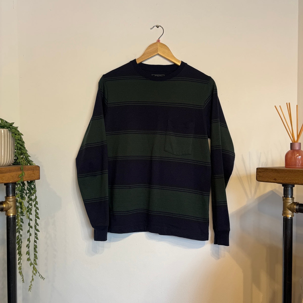 Beams Stripe Pocket T-Shirt Navy/ Green (Small)