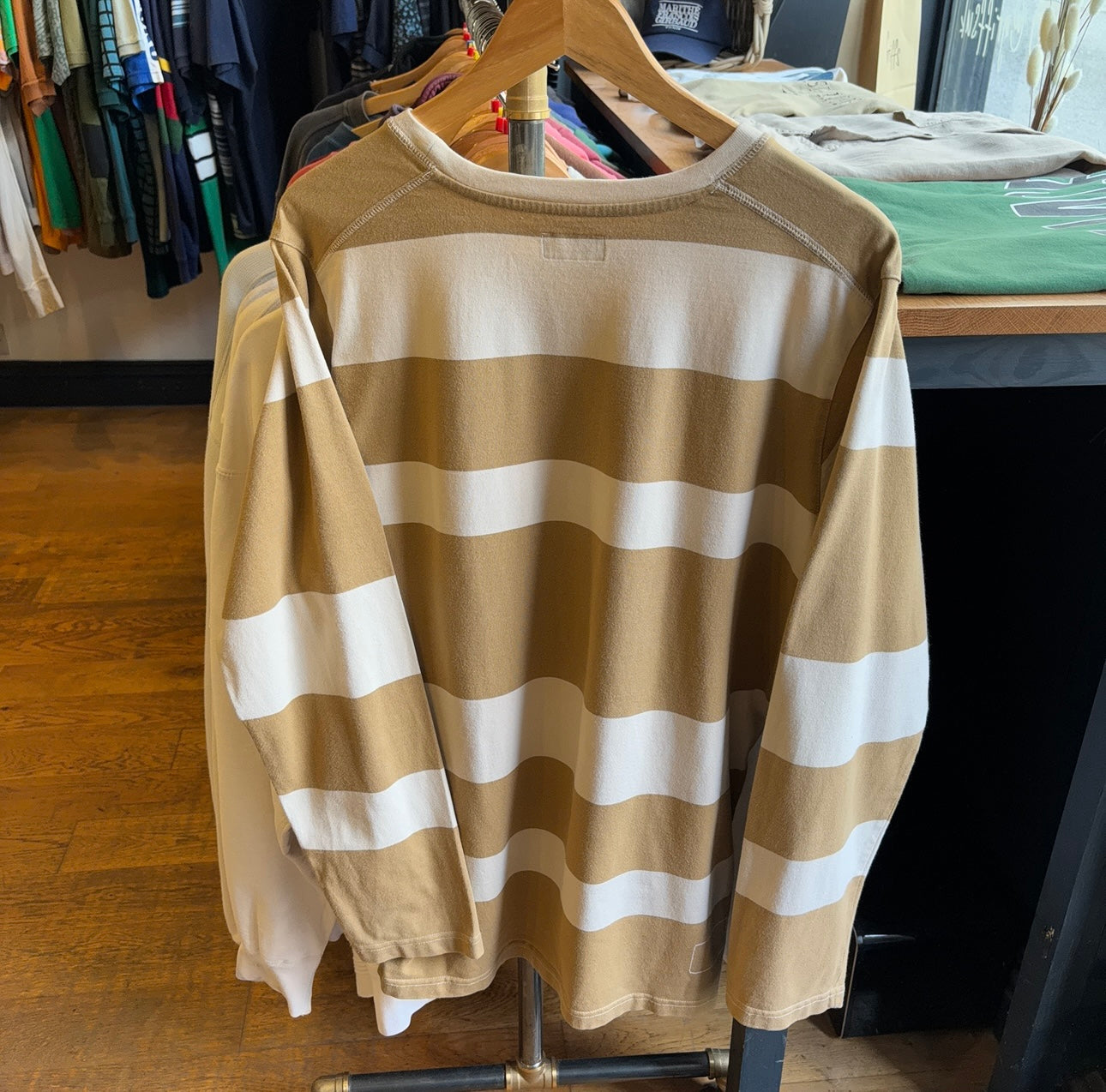 Universal Works Striped Pocket Longsleeve T-Shirt Dark Sand (Large)