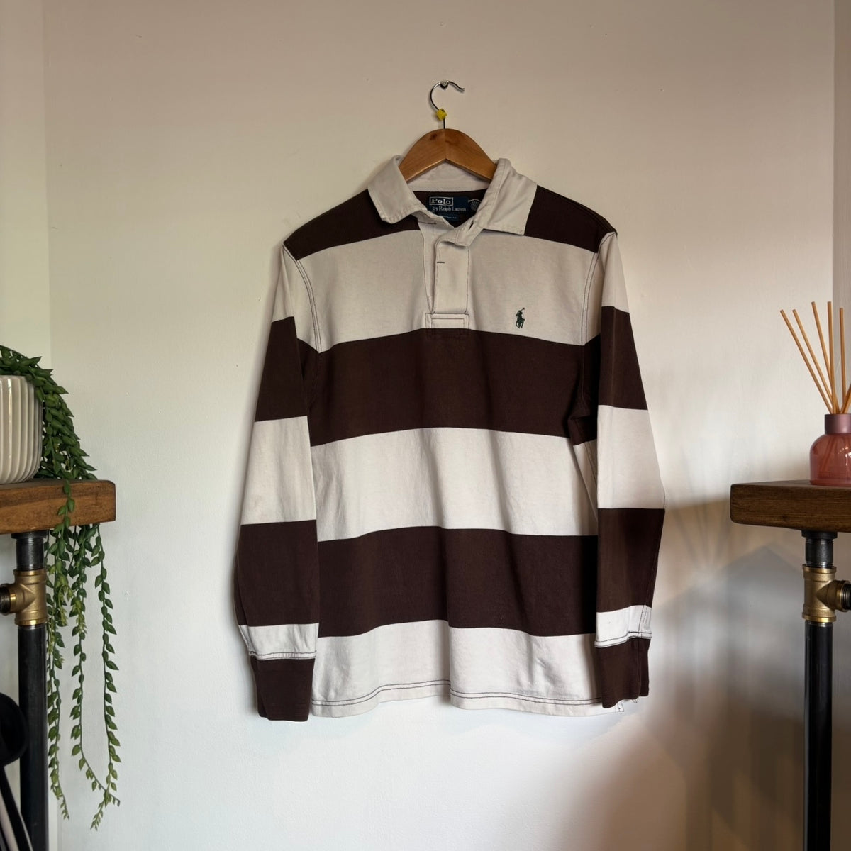 Ralph Lauren Longsleeve Rugby Polo Shirt Brown/ White (Medium)