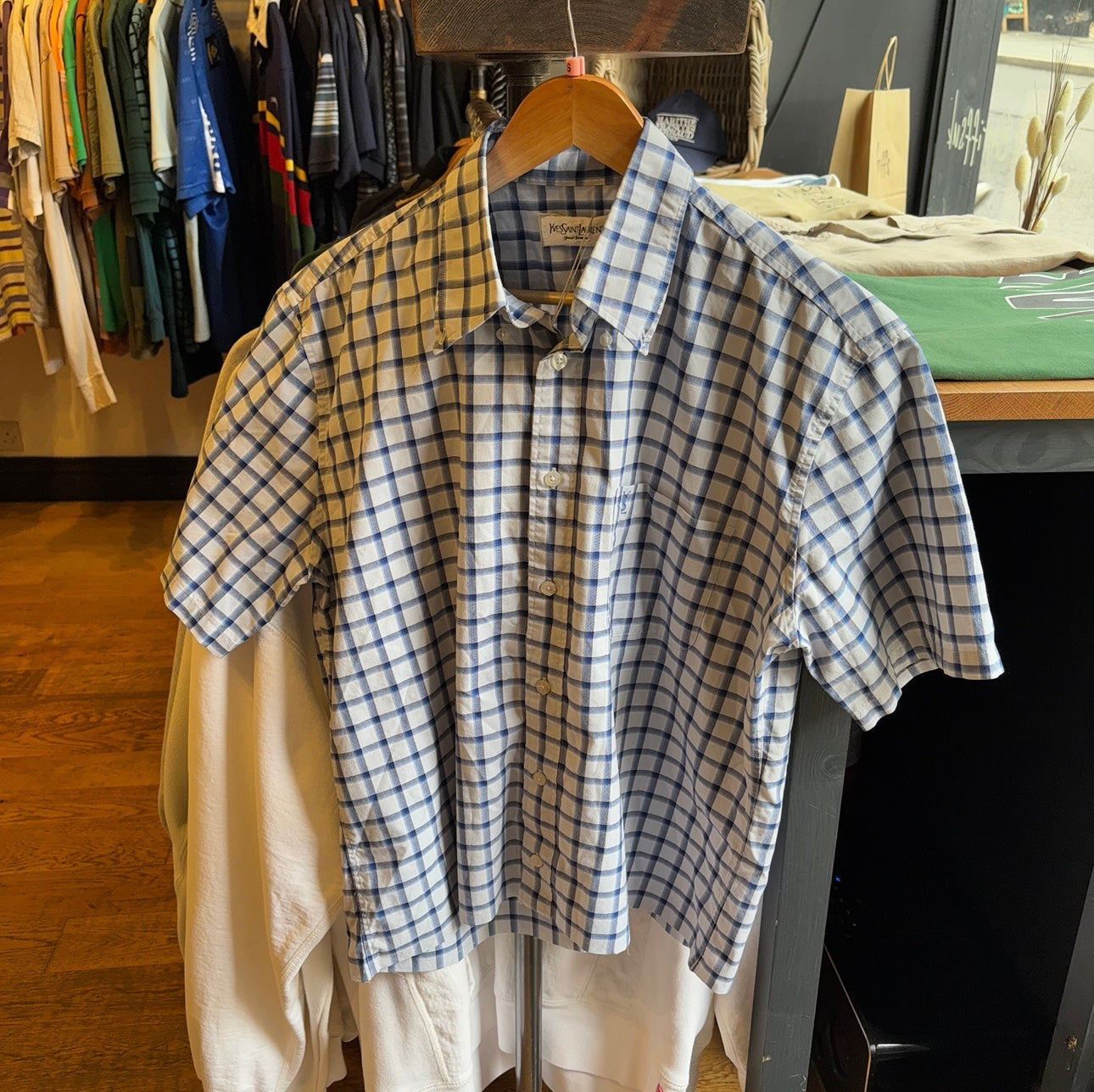 Yves Saint Laurent Plaid Button Shirt Blue (Small)