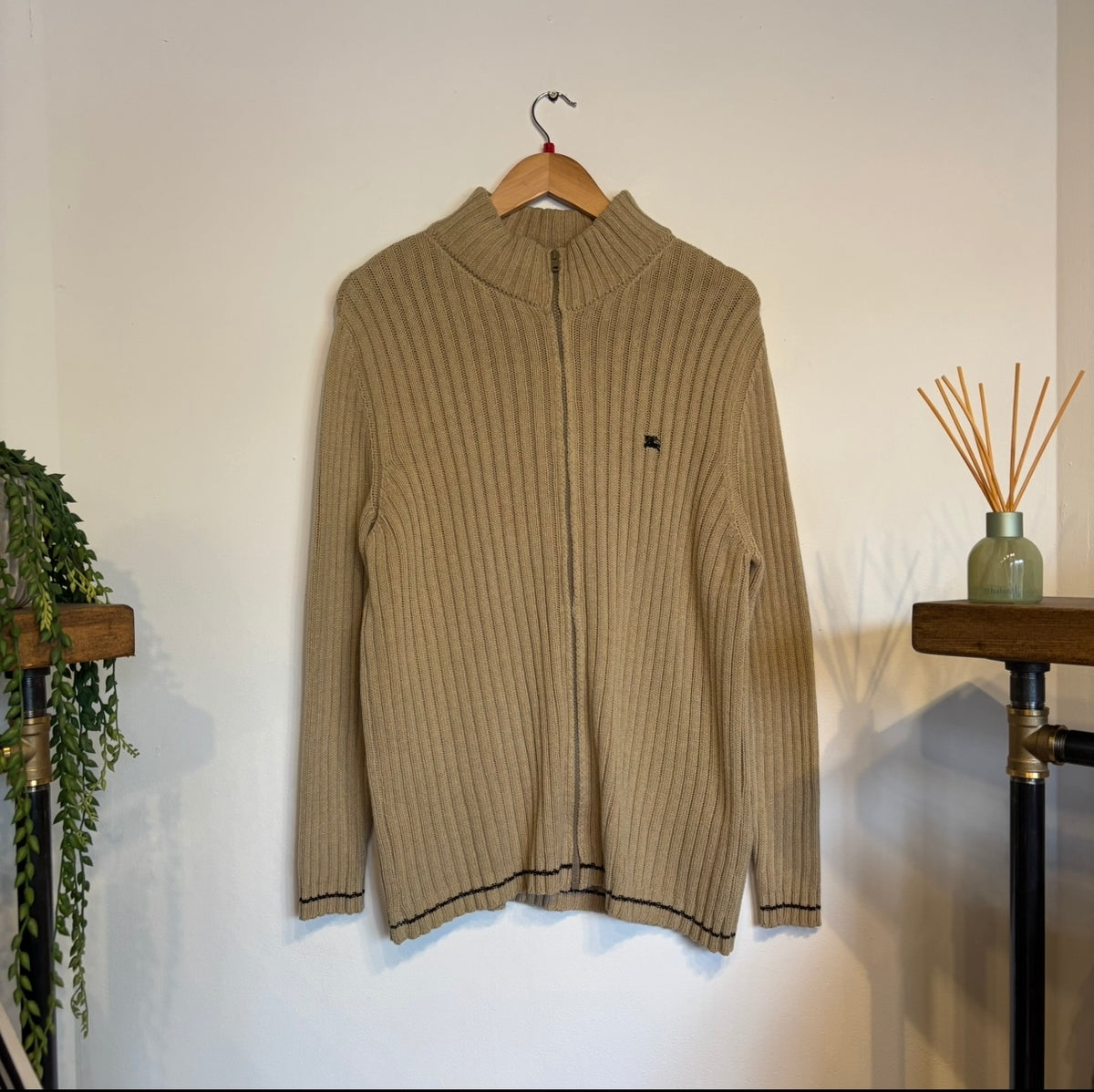Burberry London Full Zip Rib Knit Jumper Beige (Large)