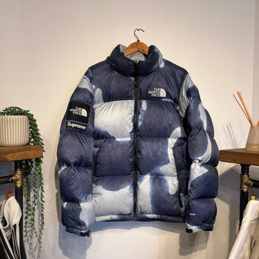 Supreme North Face FW21 Bleached Denim Nuptse Jacket Blue (Large)